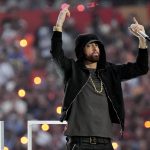 
              Eminem performs during halftime of the NFL Super Bowl 56 football game between the Los Angeles Rams and the Cincinnati Bengals, Sunday, Feb. 13, 2022, in Inglewood, Calif. (AP Photo/Ted S. Warren)
            