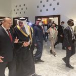 
              Israeli prime minister Naftali Bennett, left, is welcome by Bahraini foreign minister Abdullatif bin Rashid Al Zayani at the Manama International Airport in Manama, Bahrain, Monday, Feb. 14, 2022. Bennett's trip Monday cements ties between the new allies in a clear message of cooperation to regional archrival Iran and is the first public visit by an Israeli leader to Bahrain. (AP Photo/Ilan Ben Zion)
            