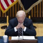 
              President Joe Biden looks at his notes during an event to discuss gun violence strategies, at police headquarters, Thursday, Feb. 3, 2022, in New York. (AP Photo/Alex Brandon)
            
