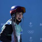 
              Eileen Gu, of China, reacts to winning the gold medal in the women's freestyle skiing big air finals of the 2022 Winter Olympics, Tuesday, Feb. 8, 2022, in Beijing. (AP Photo/Jae C. Hong)
            