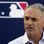 
              Major League Baseball Commissioner Rob Manfred speaks during a news conference after negotiations with the players' association toward a labor deal, Tuesday, March 1, 2022, at Roger Dean Stadium in Jupiter, Fla. Manfred said he is canceling the first two series of the season that was set to begin March 31, dropping the schedule from 162 games to likely 156 games at most. Manfred said the league and union have not made plans for future negotiations. Players won't be paid for missed games. (AP Photo/Wilfredo Lee)
            