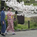 
              People wearing face masks view seasonal cherry blossoms at the Sumida Park Monday, March 28, 2022, in Tokyo. (AP Photo/Eugene Hoshiko)
            