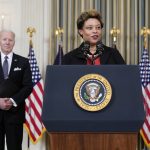 
              Office of Management and Budget director Shalanda Young speaks before President Joe Biden about his proposed budget for fiscal year 2023 in the State Dining Room of the White House, Monday, March 28, 2022, in Washington. (AP Photo/Patrick Semansky)
            