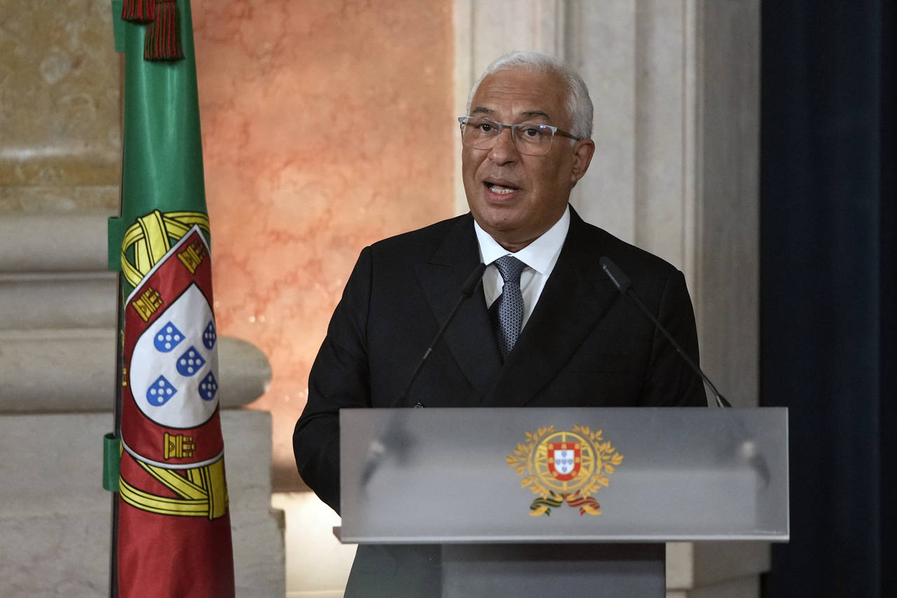 Portuguese Prime Minister Antonio Costa delivers his speech during the swearing in ceremony of the ...