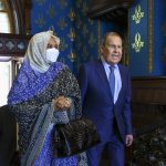 
              FILE - In this photo released by the Russian Foreign Ministry Press Service, Russian Foreign Minister Sergey Lavrov, and Sudanese Foreign Minister Maryam al-Sadiq al-Mahdi arrive to attend talks in Moscow, on July 12, 2021. (Russian Foreign Ministry Press Service via AP, File)
            