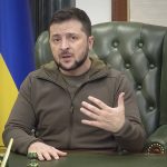 
              In this image from video provided by the Ukrainian Presidential Press Office, Ukrainian President Volodymyr Zelenskyy speaks from Kyiv, Ukraine, Monday night, March 28, 2022. (Ukrainian Presidential Press Office via AP)
            