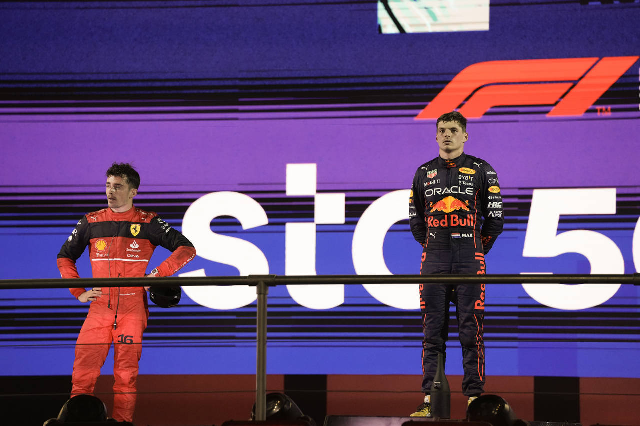Second placed Ferrari driver Charles Leclerc of Monaco, left, and first placed Red Bull driver Max ...