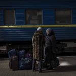 
              Two women escaping from the besieged city of Mariupol arrive at Lviv, western Ukraine, on Sunday, March 20, 2022. (AP Photo/Bernat Armangue)
            