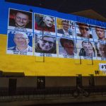
              A large-scale projection of Ukrainian people allegedly missing in Russia, projected on a wall in Lviv, western Ukraine, Tuesday, March 29, 2022. (AP Photo/Nariman El-Mofty)
            