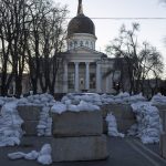 
              Concrete blocks topped with sandbags block a street in Odesa, southern Ukraine, as at the background is stands the Preobrazhensky Cathedral, on Tuesday, March 22, 2022.(AP Photo/Petros Giannakouris)
            