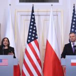 
              US Vice President Kamala Harris, left, and Poland's President Andrzej Duda give a joint press conference on the occasion of their meeting at Belwelder Palace, in Warsaw, Poland, Thursday, March 10, 2022. (Saul Loeb/Pool Photo via AP)
            