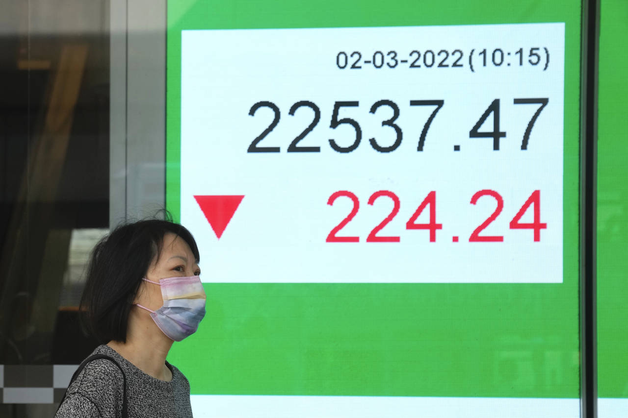 A woman wearing a face mask walks past a bank's electronic board showing the Hong Kong share index ...