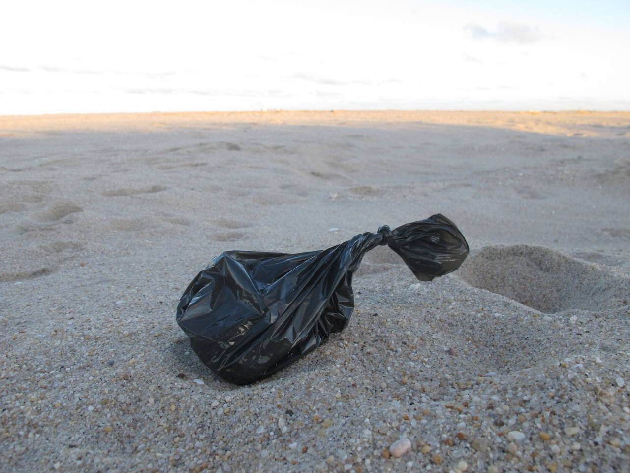 This Feb. 6, 2022, photo shows a plastic bag, possibly containing pet waste, on the sand in Sandy H...