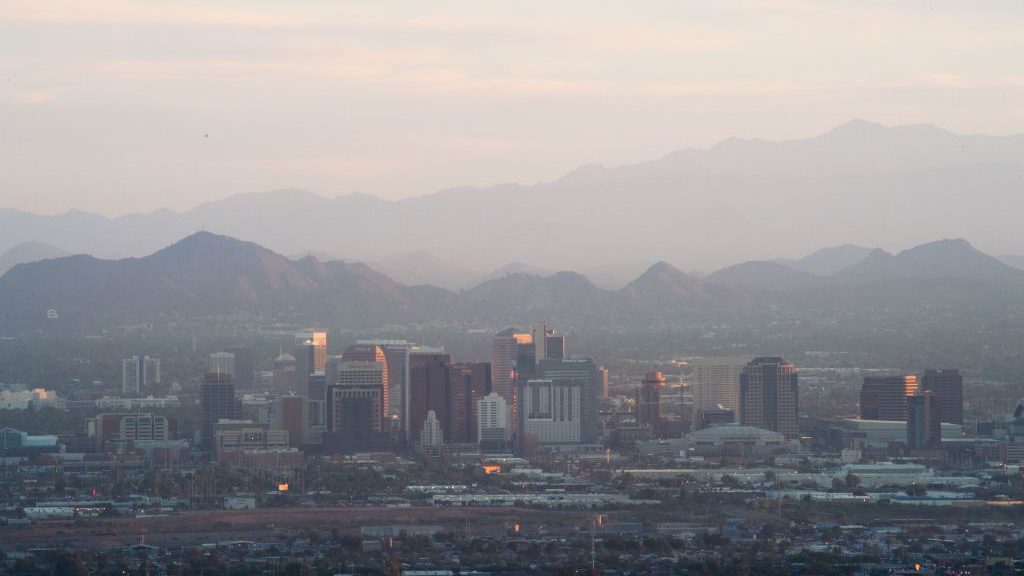 View of the downtown Phoenix, Arizona city skyline as seen from South Mountain Park, August 28, 201...
