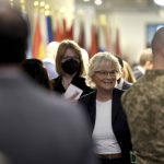 
              German Defence Minister Christine Lambrecht arrives for the meeting of the Ukraine Security Consultative Group at Ramstein Air Base in Ramstein, Germany, Tuesday, April 26, 2022. (AP Photo/Michael Probst)
            