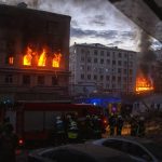 
              Emergency services are working in the area following an explosion in Kyiv, Ukraine on Thursday, April 28, 2022. Russia struck the Ukrainian capital of Kyiv shortly after a meeting between President Volodymyr Zelenskyy and U.N. Secretary-General António Guterres on Thursday evening. (AP Photo/Emilio Morenatti)
            