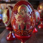 
              An egg is on display at St. Volodymyr’s Cathedral as Ukrainians celebrate Orthodox Easter on Sunday, April 24, in Kyiv, Ukraine. Ukrainians also marked two months since Russia’s invasion, praying for those on the front line and others trapped behind it. (AP Photo/Cara Anna)
            