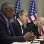 
              In this photo provided by the Ukrainian Presidential Press Office on Monday, April 25, 2022, U.S. Secretary of Defense Lloyd Austin, left, and Secretary of State Antony Blinken, center, attend their meeting Sunday, April 24, 2022, with Ukrainian President Volodymyr Zelenskyy, not in the picture, in Kyiv, Ukraine. (Ukrainian Presidential Press Office via AP)
            