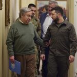 
              In this image provided by the Ukrainian Presidential Press Office, Ukrainian President Volodymyr Zelenskyy, right, and U.N. Secretary-General Antonio Guterres leave a news conference during their meeting in Kyiv, Ukraine, Thursday, April 28, 2022. (Ukrainian Presidential Press Office via AP)
            