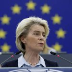 
              European Commission President Ursula von der Leyen delivers a speech during a debate on the conclusions of the European Council meeting of March 24-25 2022, including the latest developments of the war against Ukraine and the EU sanctions against Russia, Wednesday, April 6, 2022 in Strasbourg, eastern France. (AP Photo/Jean-Francois Badias)
            
