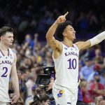 
              Kansas forward Jalen Wilson (10) celebrates after their win against North Carolina in a college basketball game at the finals of the Men's Final Four NCAA tournament, Monday, April 4, 2022, in New Orleans. (AP Photo/Brynn Anderson)
            