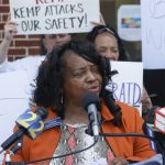 
              Senator Donzella James speaks against the bill as Democrats hold a press conference down the street from where Gov. Brian Kemp will sign a bill allowing permit less carry, at a sporting goods store in Douglasville, Ga., Tuesday, April 12, 2022. (Bob Andres/Atlanta Journal-Constitution via AP)
            