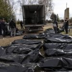 
              Cemetery workers load the corpses of civilians killed in Bucha into a truck, to be transported to the morgue, on the outskirts of Kyiv, Ukraine, Wednesday, April 6, 2022. (AP Photo/Rodrigo Abd)
            