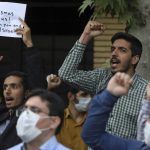 
              Protesters chant slogans during a demonstration to condemn planned Quran burnings by a right-wing group in Sweden, in front of the Swedish Embassy in Tehran, Iran, Monday, April 18, 2022. Sweden has seen unrest, scuffles and violence since Thursday, triggered by Danish far-right politician Rasmus Paludan's meetings and planned Quran burnings across the country. (AP Photo/Vahid Salemi)
            