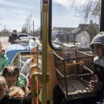 
              10 year-old Roma, holds a cage with two parrots inside a bus leaving from the city of Bashtanka , Mikolaiv district, Ukraine, after he and his family flee from Kherson which is occupied by the Russian forces, on Thursday, April 7, 2022. (AP Photo/Petros Giannakouris)
            