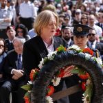 
              German Parliament President Baerbel Bas pays tribute during a wreath-laying ceremony marking Holocaust Remembrance Day at Warsaw Ghetto Square at the Yad Vashem memorial in Jerusalem, Thursday, April 28, 2022. (Amir Cohen/Pool Photo via AP)
            