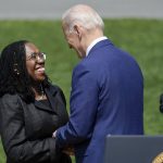 
              Judge Ketanji Brown Jackson shakes hands with President Joe Biden after he introduced her to speak at an event on the South Lawn of the White House in Washington, Friday, April 8, 2022, celebrating the confirmation of Jackson as the first Black woman to reach the Supreme Court. (AP Photo/Andrew Harnik)
            