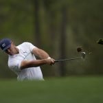 
              Bryson DeChambeau hits on the 12th tee during a practice round for the Masters golf tournament on Wednesday, April 6, 2022, in Augusta, Ga. (AP Photo/Matt Slocum)
            