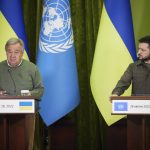 
              In this image provided by the Ukrainian Presidential Press Office, Ukrainian President Volodymyr Zelenskyy, right, and U.N. Secretary-General Antonio Guterres attend a news conference during their meeting in Kyiv, Ukraine, Thursday, April 28, 2022. (Ukrainian Presidential Press Office via AP)
            
