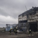 
              Firefighters try to extinguish the fire at a damaged factory following a Russian bombing in Kramatorsk, Ukraine, Thursday, April 14, 2022. (AP Photo/Petros Giannakouris)
            