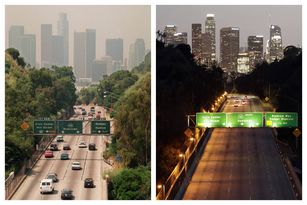 This combination of July 1998 and April 2020 photos shows a difference in smog levels above the Los...