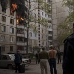 
              People watch as a residential building burns following a Russian bombardment in Kharkiv, Ukraine, Monday, April 25, 2022. (AP Photo/Felipe Dana)
            