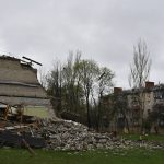 
              A building damaged by shelling in Kramatorsk, Ukraine, Thursday, April 14, 2022. (AP Photo/Andriy Andriyenko)
            