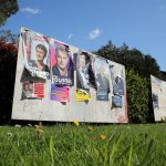 
              A view of posters of French presidential candidates on display, in Saint Martin d' Arberoue, southwestern France, Saturday, April 2, 2022. The two-round presidential election will take place on April 10 and 24, 2022. (AP Photo/Bob Edme)
            
