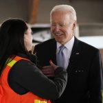 
              President Joe Biden listens as he tours a construction area at Portland International Airport, Thursday, April 21, 2022, in Portland, Ore. (AP Photo/Andrew Harnik)
            