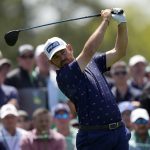 
              Louis Oosthuizen, of South Africa, tees off on the eighth hole during the first round at the Masters golf tournament on Thursday, April 7, 2022, in Augusta, Ga. (AP Photo/Matt Slocum)
            