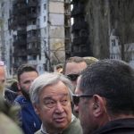 
              U.N. Secretary-General Antonio Guterres reacts during his visit to Borodyanka, close to Kyiv, Ukraine, Thursday, April 28, 2022. (AP Photo/Efrem Lukatsky)
            
