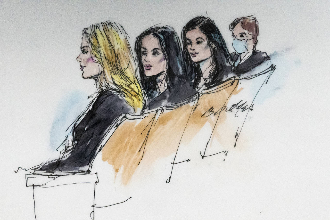 In this courtroom artist sketch, Khloe Kardashian, from left, Kim Kardashian, Kylie Jenner and Kris...