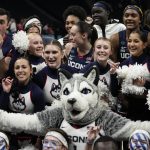 
              UConn cheerleaders celebrate after a college basketball game against Stanford in the semifinal round of the Women's Final Four NCAA tournament Friday, April 1, 2022, in Minneapolis. UConn won 63-58 to advance to the finals. (AP Photo/Eric Gay)
            