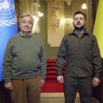 
              In this image provided by the Ukrainian Presidential Press Office, Ukrainian President Volodymyr Zelenskyy, right, and U.N. Secretary-General Antonio Guterres, pose for a photo during their meeting in Kyiv, Ukraine, Thursday, April 28, 2022. (Ukrainian Presidential Press Office via AP)
            