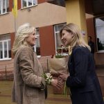 
              First lady Jill Biden greets Olena Zelenska, spouse of Ukrainian's President Volodymyr Zelenskyy, outside of School 6, a public school that has taken in displaced students in Uzhhorod, Ukraine, Sunday, May 8, 2022. (AP Photo/Susan Walsh, Pool)
            