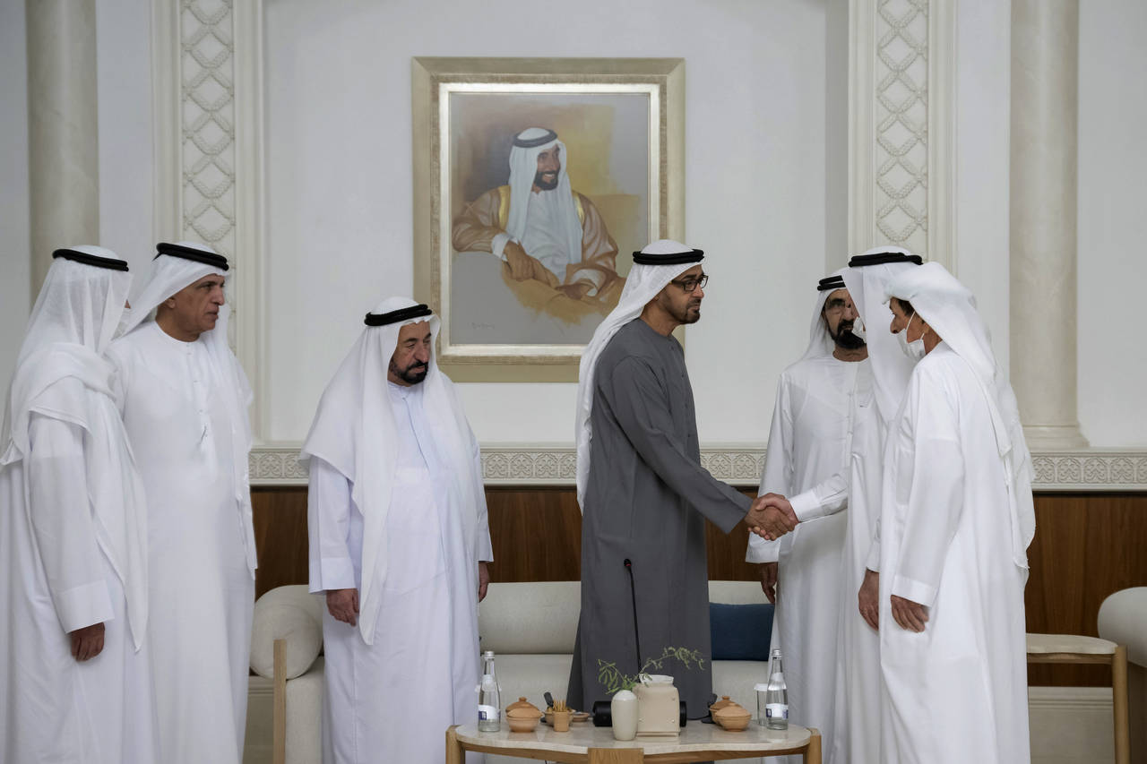 This photo from Ministry of Presidential Affairs shows Sheikh Mohamed bin Zayed Al Nahyan, Presiden...