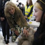 
              First lady Jill Biden visits with people at a city-run refugee center in Kosice, Slovakia, Sunday, May 8, 2022, for Ukranian refugees as they rest and prepare for onward travel. Biden will then travel to the Slovak border with Ukraine to meet with refugees. (AP Photo/Susan Walsh, Pool)
            