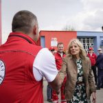 
              First lady Jill Biden visits with volunteers and first responders during a visit to Vysne Nemecke, Slovakia, near the border with Ukraine, Sunday, May 8, 2022. Slovakia's Prime Minister Eduard Heger is at right. (AP Photo/Susan Walsh, Pool)
            