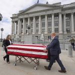 Former U.S. Sen. Orrin Hatch's casket arrives at the Utah Capitol Wednesday, May 4, 2022, in Salt Lake City. Hatch, the longest-serving Republican senator in history and a fixture in Utah politics for more than four decades, died last month at the age of 88. (AP Photo/Rick Bowmer)