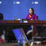 
              Annalena Baerbock, Foreign Minister of Germany, opens the first session at the meeting of Nato foreign ministers in Berlin, Germany, Sunday, May 15, 2022. The main topic of the informal consultations of the NATO foreign ministers is the war in Ukraine. (Bernd von Jutrczenka/AP via Pool)
            